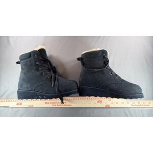 Bearpaw Womens Black Suede Lace Up Ankle Boots Faux Fur Lined Wedge Sole Size 6